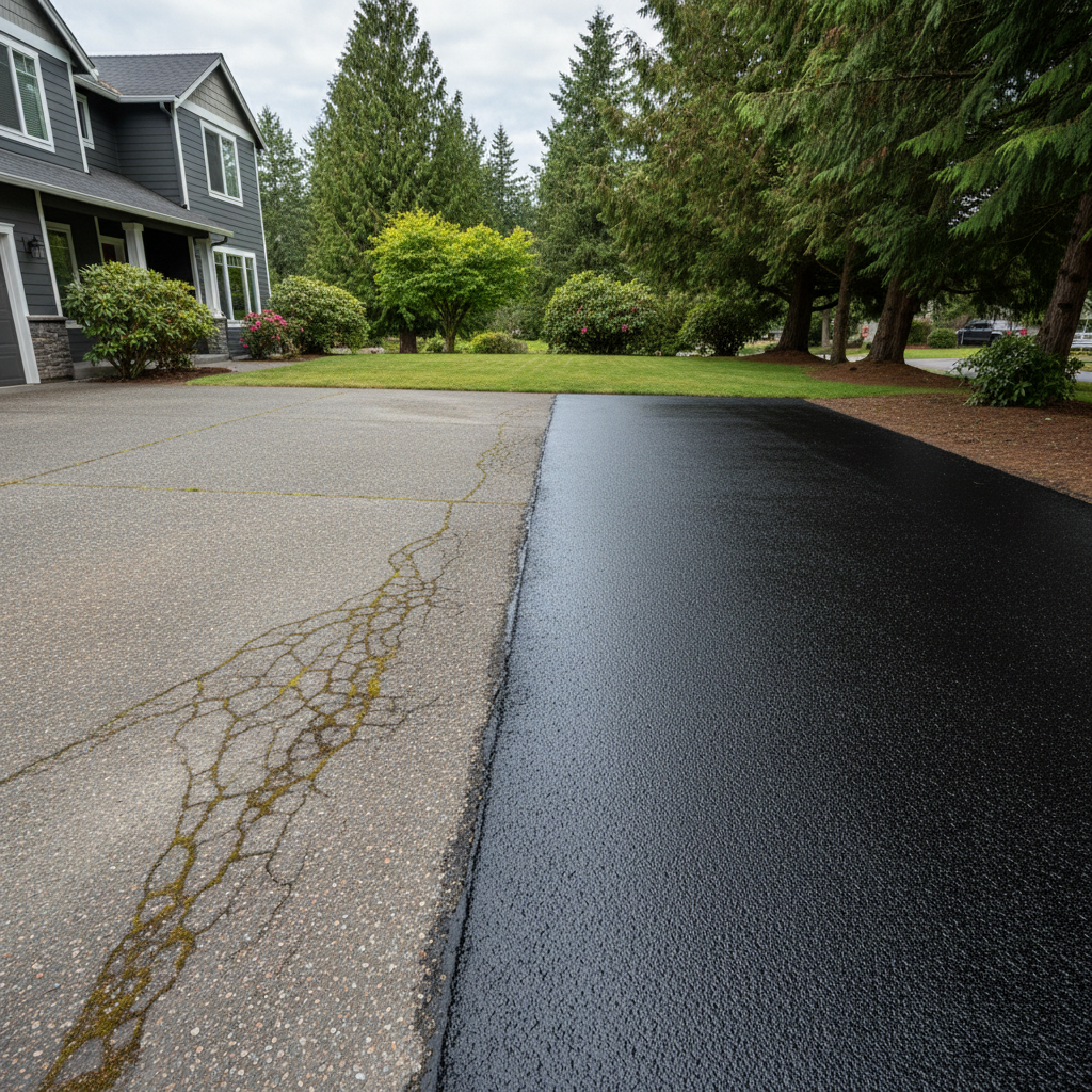 Completed asphalt sealcoating work at a residential property in Arlington, WA