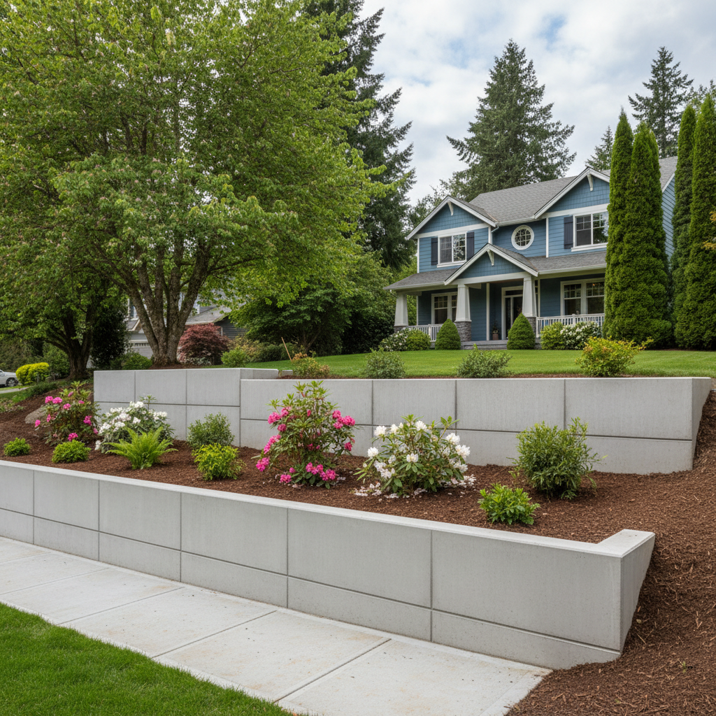 Completed concrete retaining walls work at a residential property in Kirkland, WA