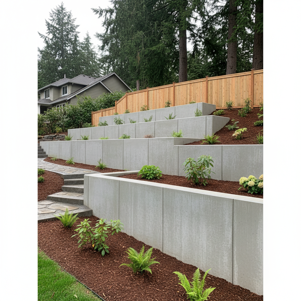 Completed concrete retaining walls work at a residential property in Bothell, WA