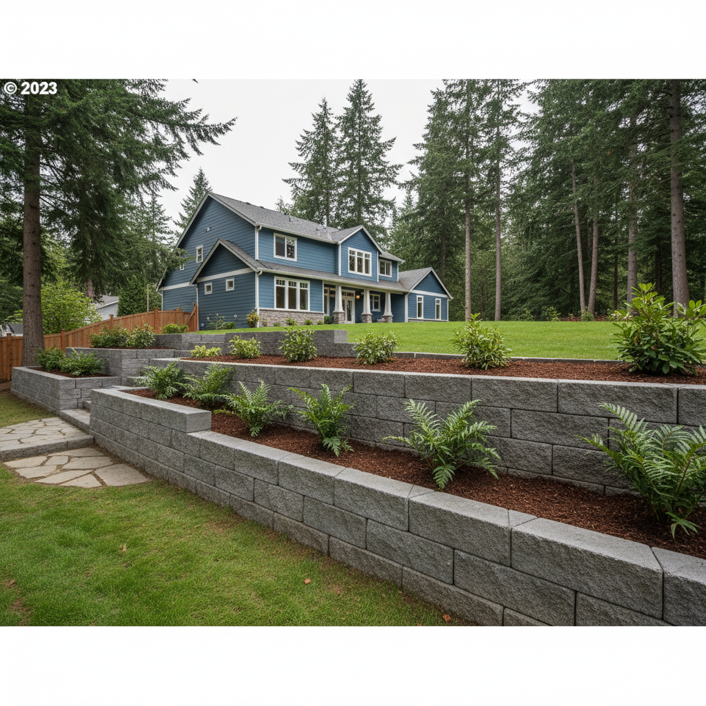 Completed concrete retaining walls work at a residential property in Bremerton, WA