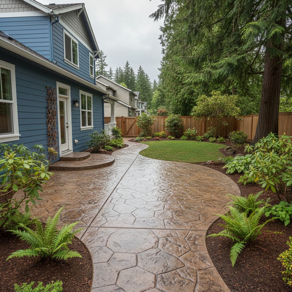 Completed stamped concrete work at a residential property in Kenmore, WA