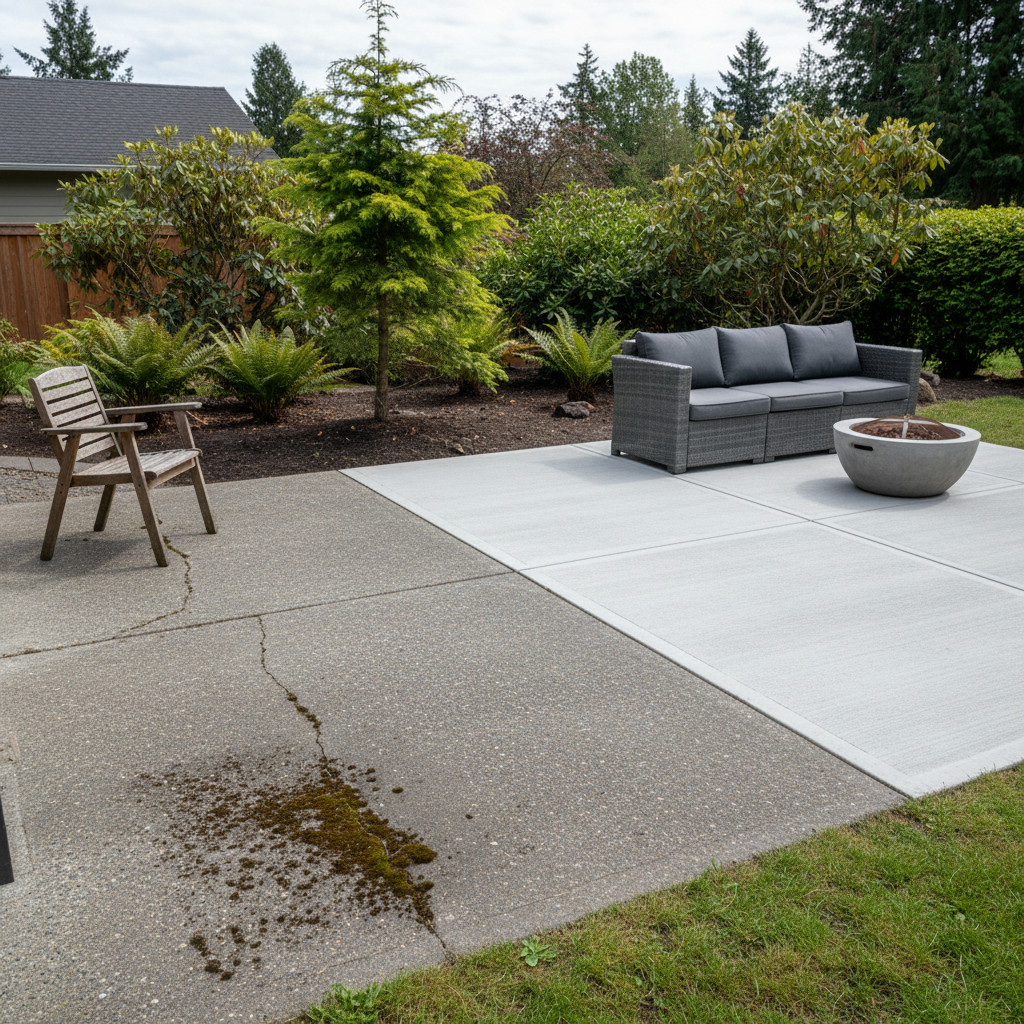 Completed concrete patios work at a residential property in Bremerton, WA
