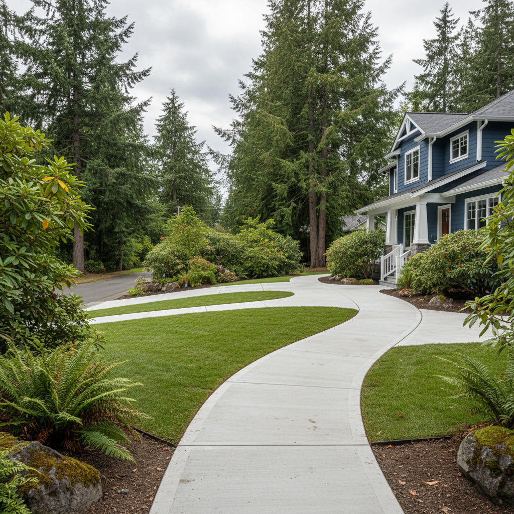 Completed concrete sidewalks work at a residential property in Kenmore, WA