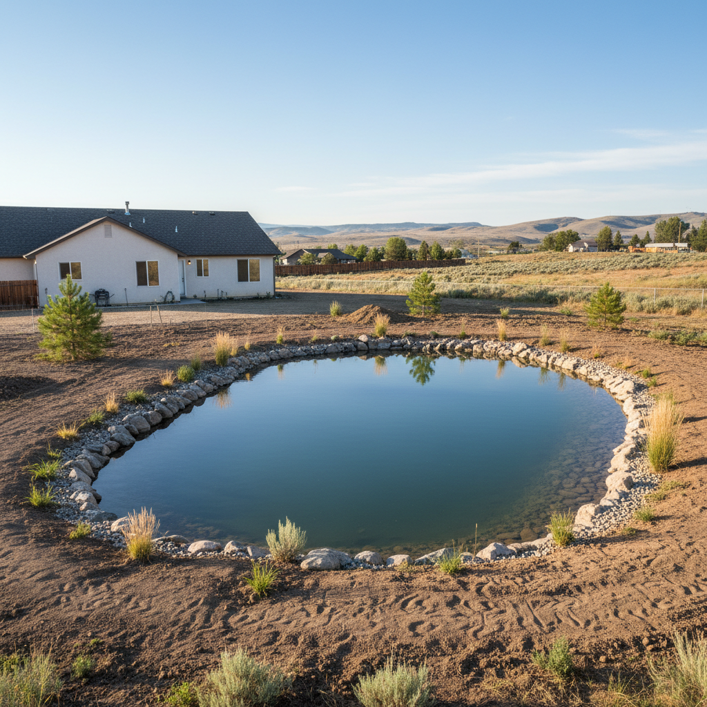 Completed pond excavation work at a residential property in Moses Lake, WA