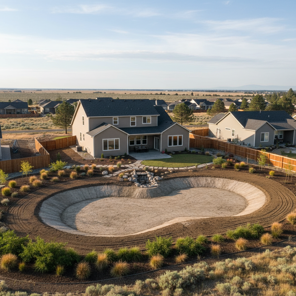 Completed pond excavation work at a residential property in Moses Lake, WA
