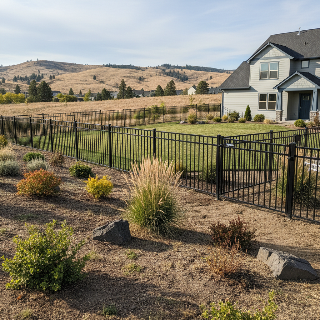Completed aluminum fence installation work at a residential property in Moses Lake, WA