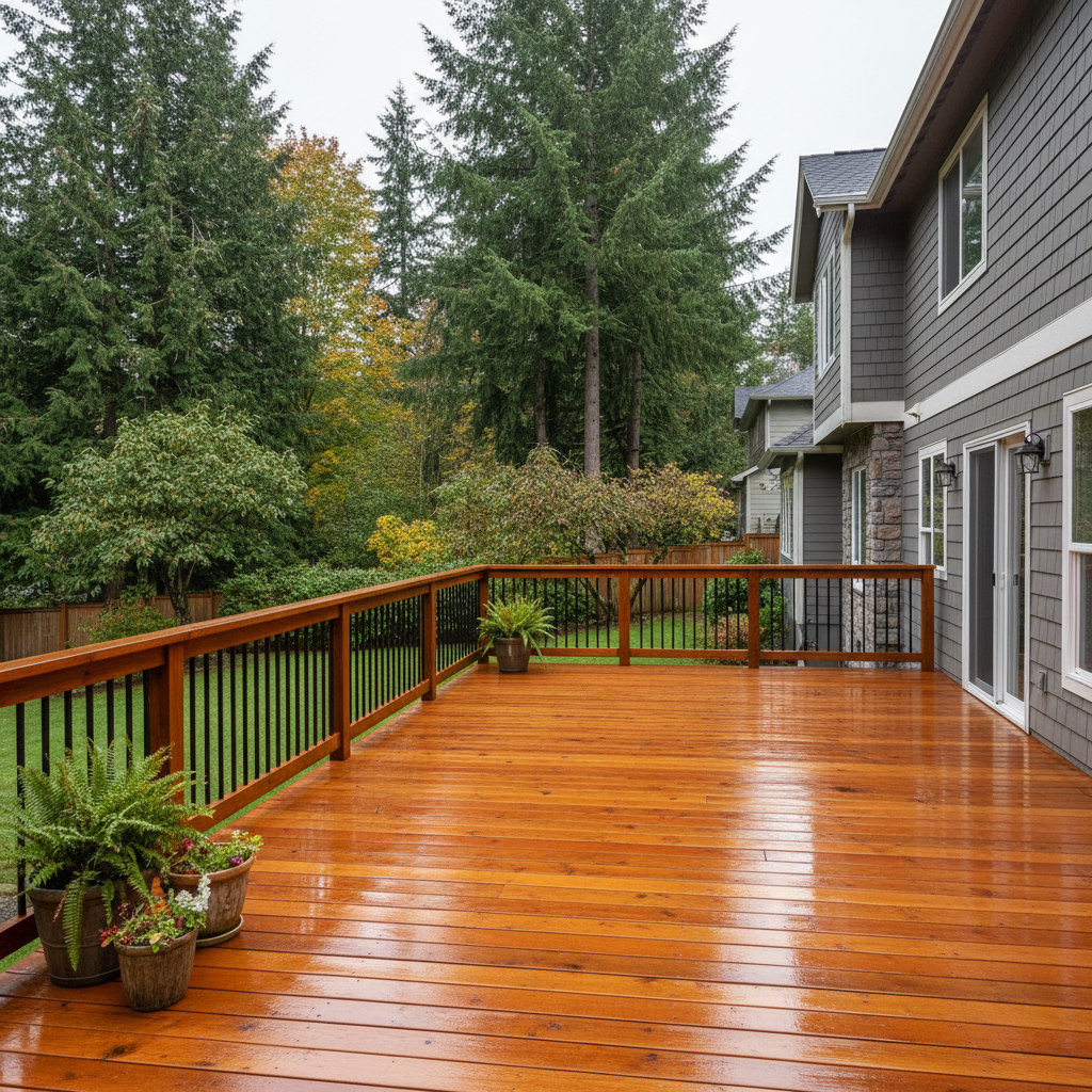 Completed deck staining work at a residential property in Tacoma, WA