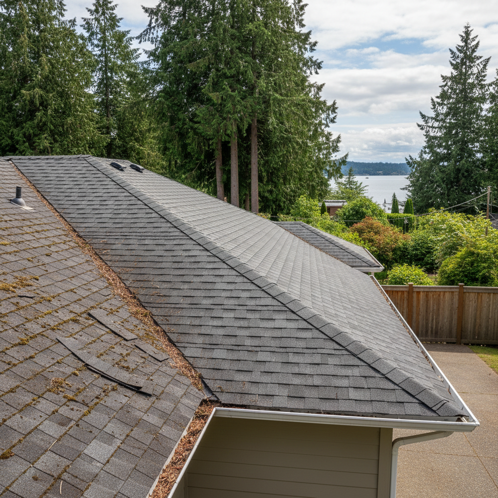 Completed roof replacement work at a residential property in Mercer Island, WA