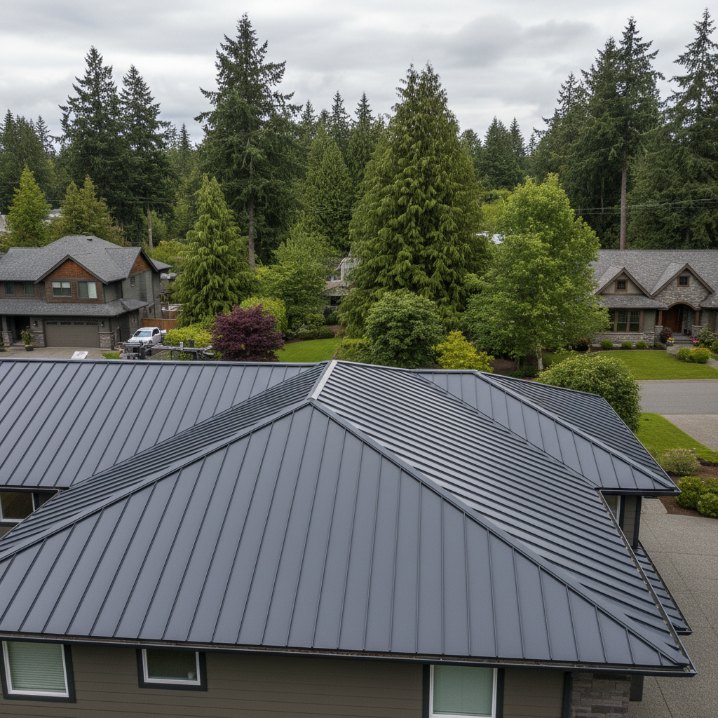 Completed metal roofing work at a residential property in Mercer Island, WA