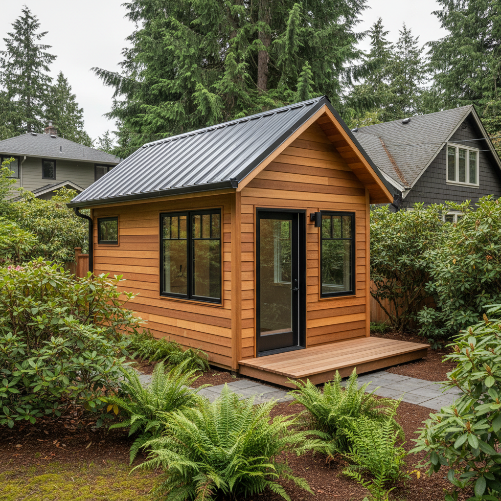 Completed tiny homes work at a residential property in Seattle, WA
