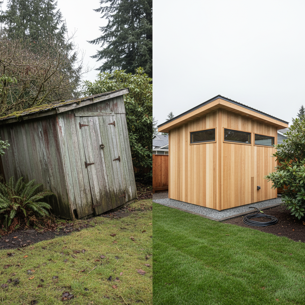 Completed shed delivery and installation work at a residential property in Seattle, WA