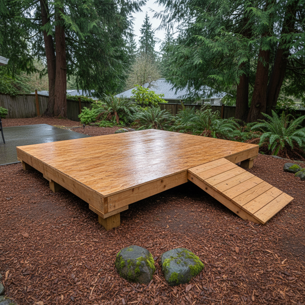 Completed shed delivery and installation work at a residential property in Renton, WA