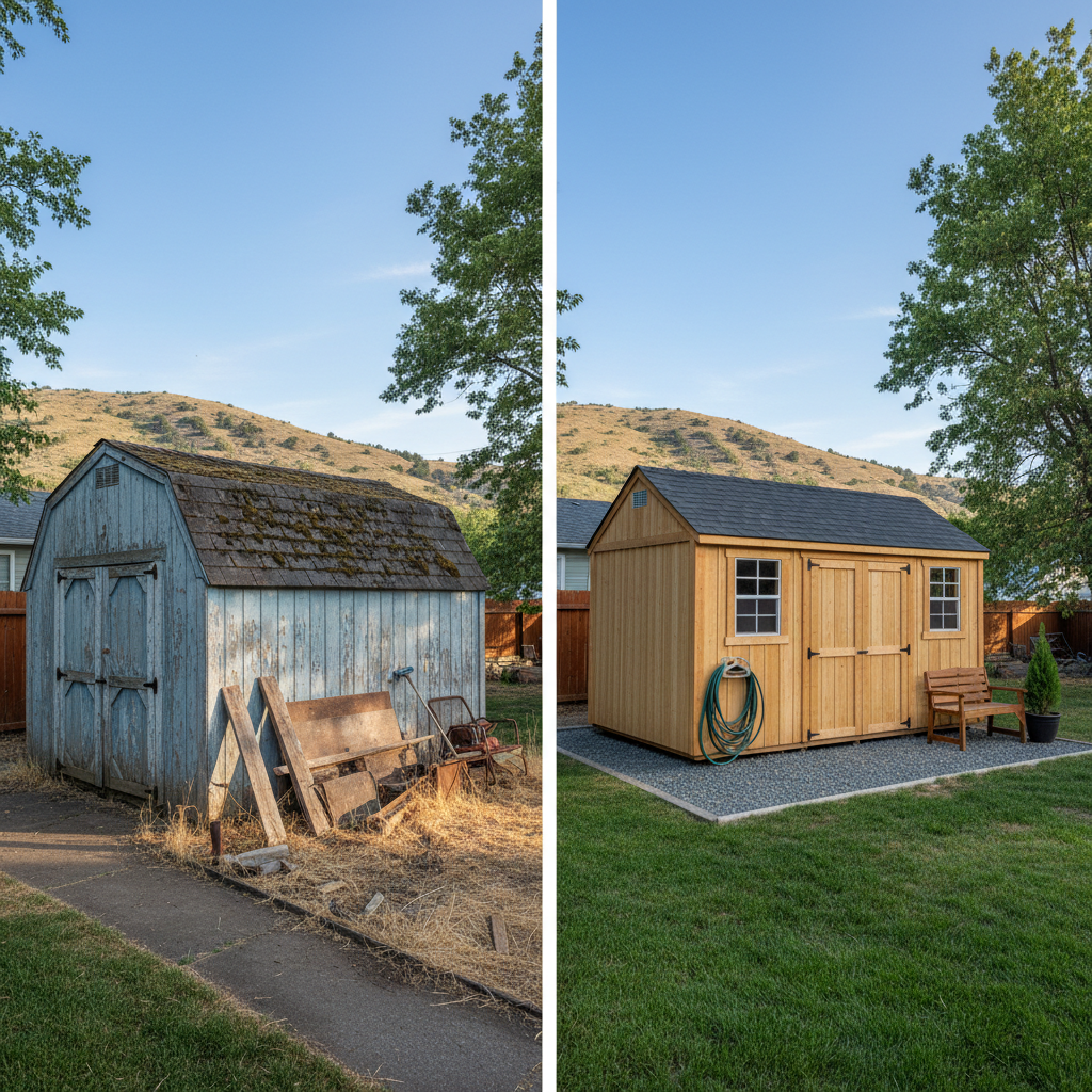 Completed shed delivery and installation work at a residential property in Kennewick, WA