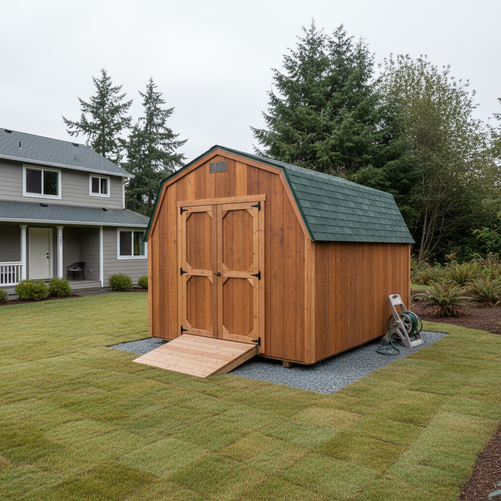 Completed shed delivery and installation work at a residential property in Raymond, WA