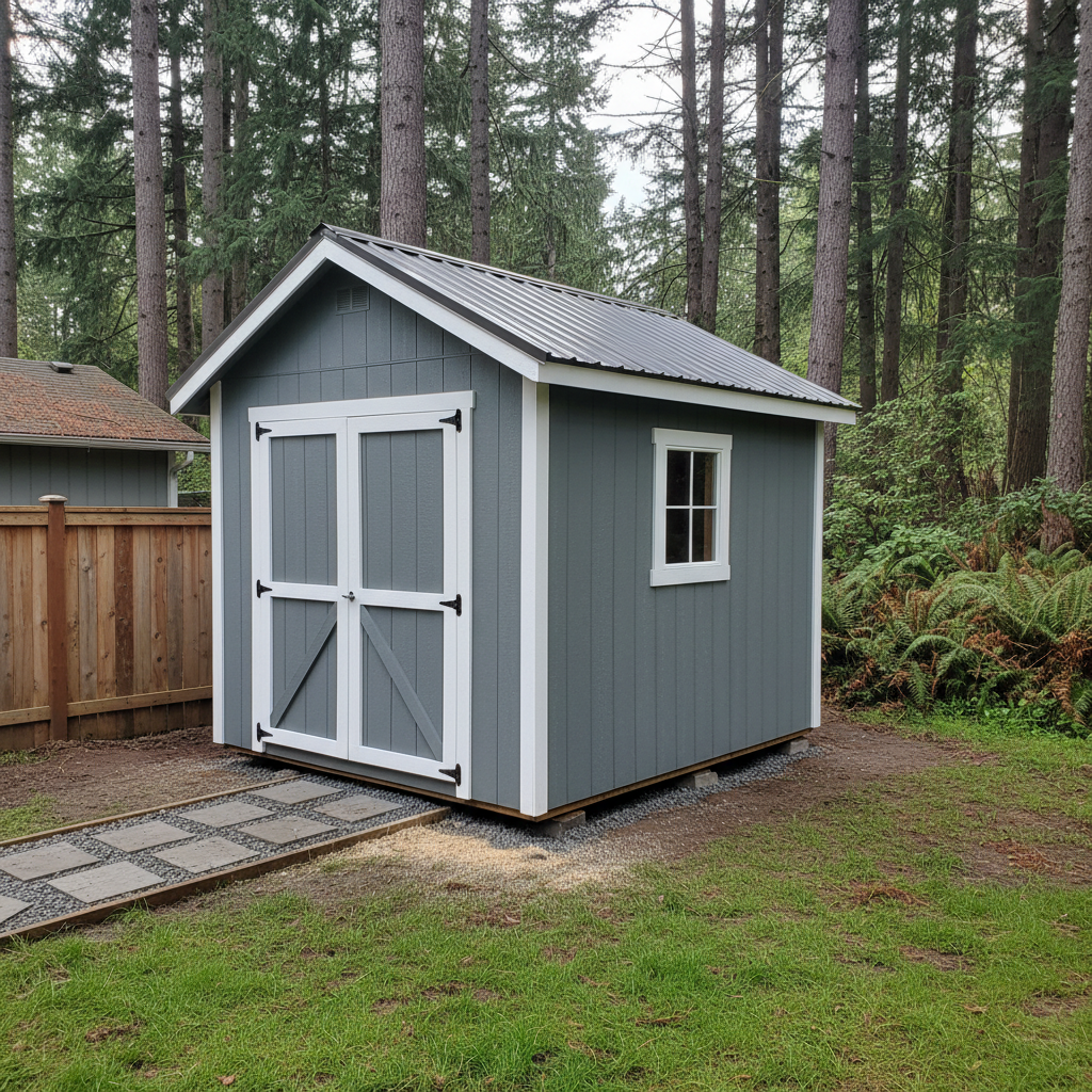 Completed shed delivery and installation work at a residential property in Raymond, WA