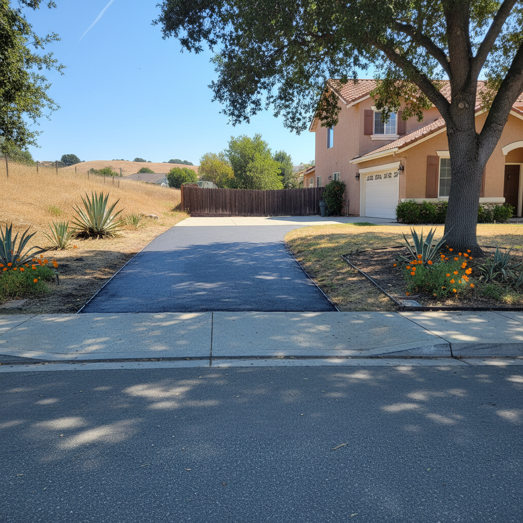 Completed asphalt repair work at a residential property in Tracy, CA