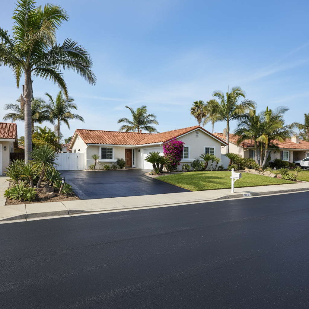 Completed asphalt sealcoating work at a residential property in Oceanside, CA