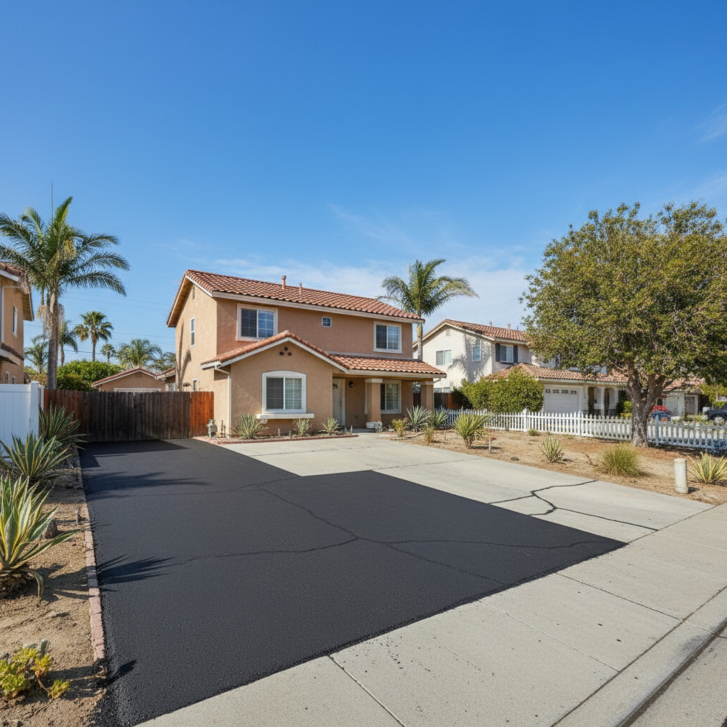Completed asphalt patching work at a residential property in Oceanside, CA