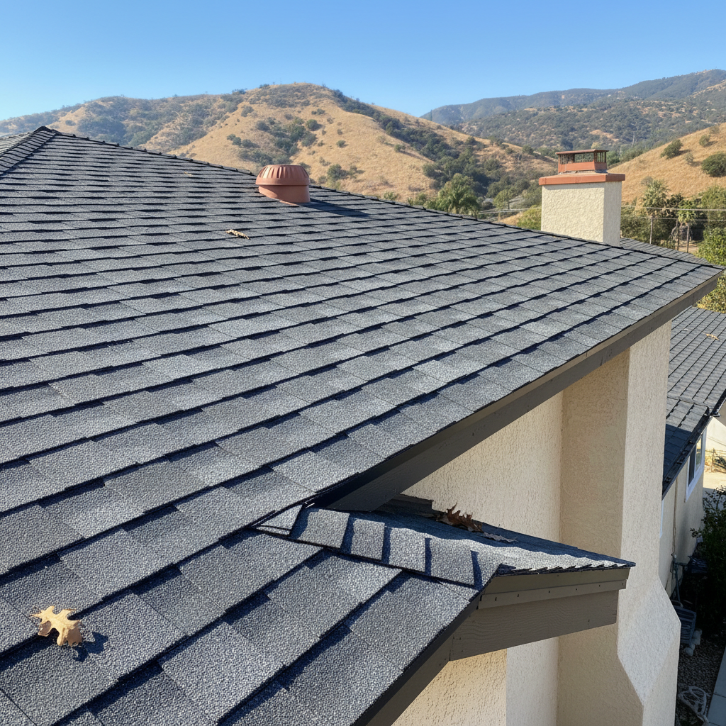 Completed asphalt shingle roofing work at a residential property in Irwindale, CA