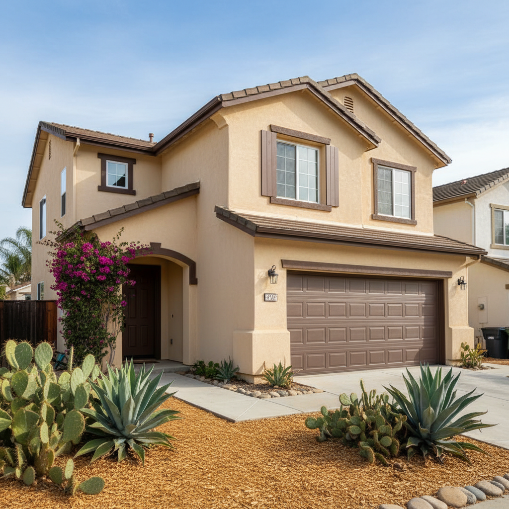 Completed stucco painting work at a residential property in Garden Grove, CA