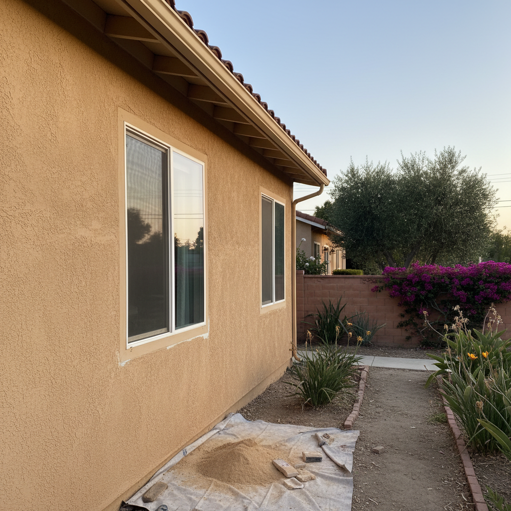 Completed stucco repair work at a residential property in Fullerton, CA