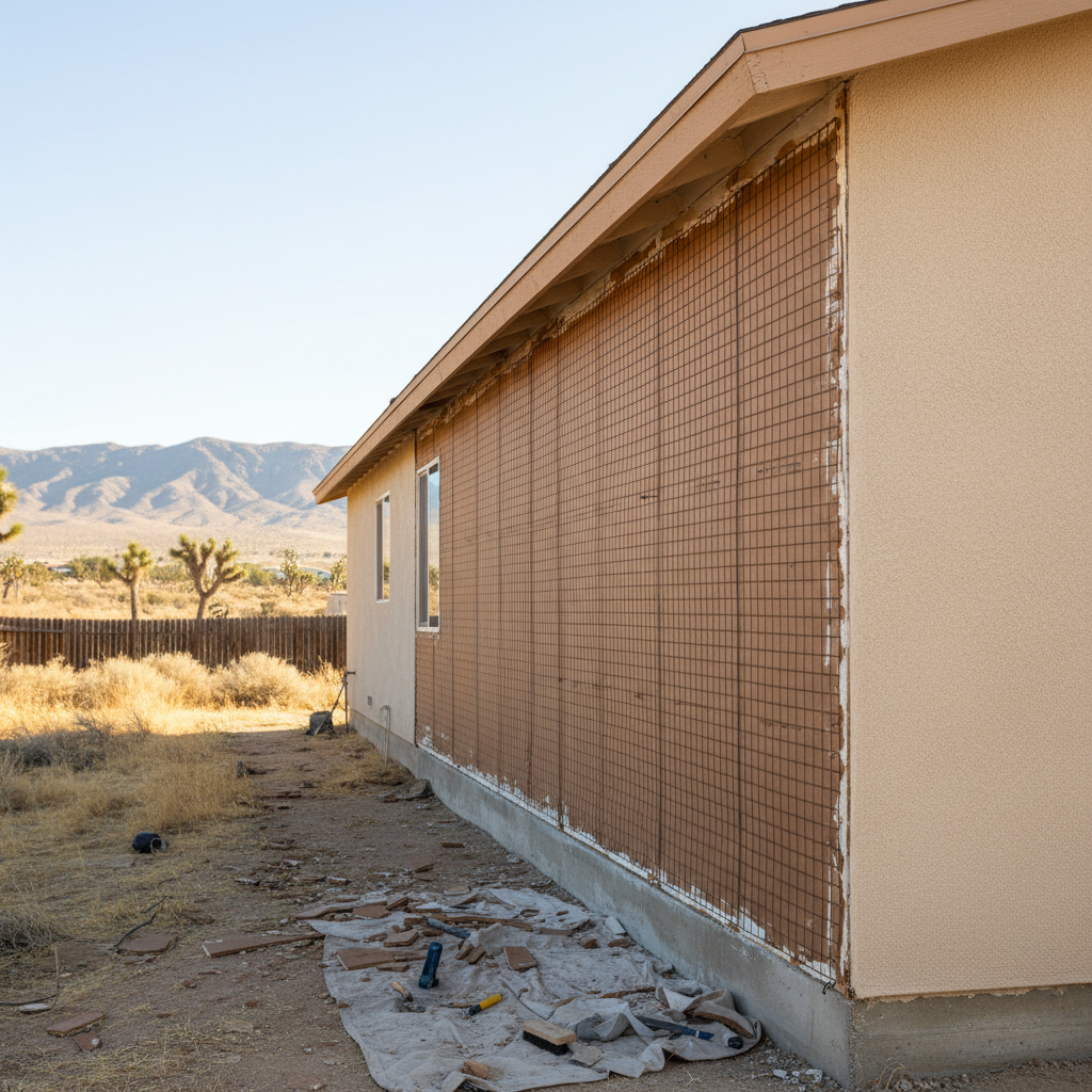 Completed stucco removal work at a residential property in Lancaster, CA