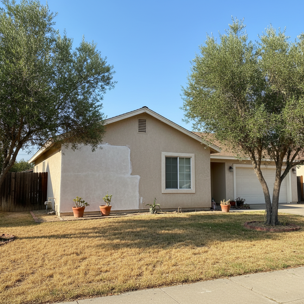 Completed stucco repair work at a residential property in Visalia, CA