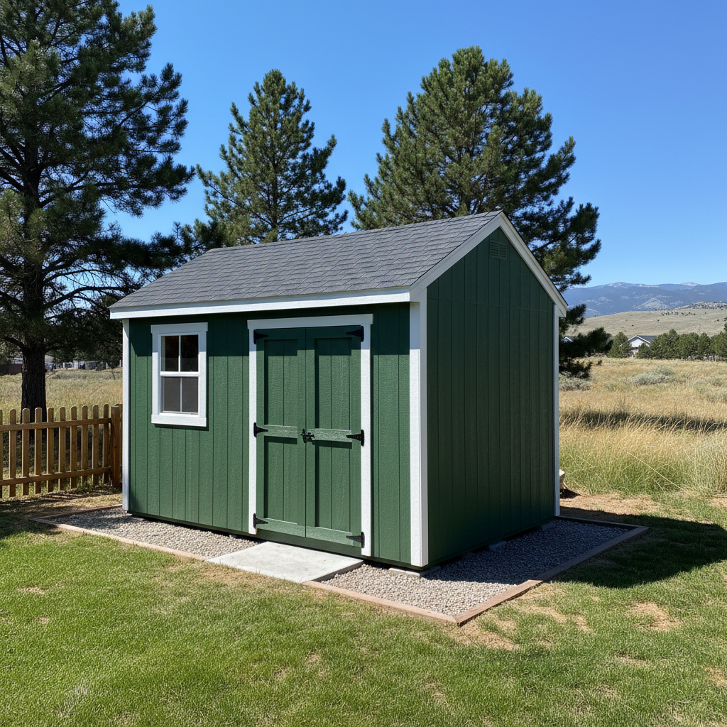 Completed shed delivery and installation work at a residential property in Parker, CO