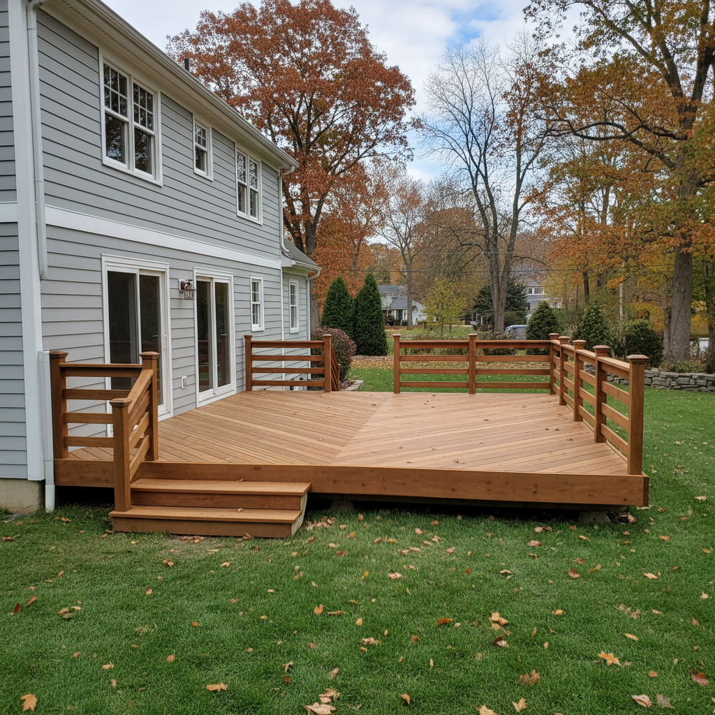 Completed wooden decks work at a residential property in Bristol, CT