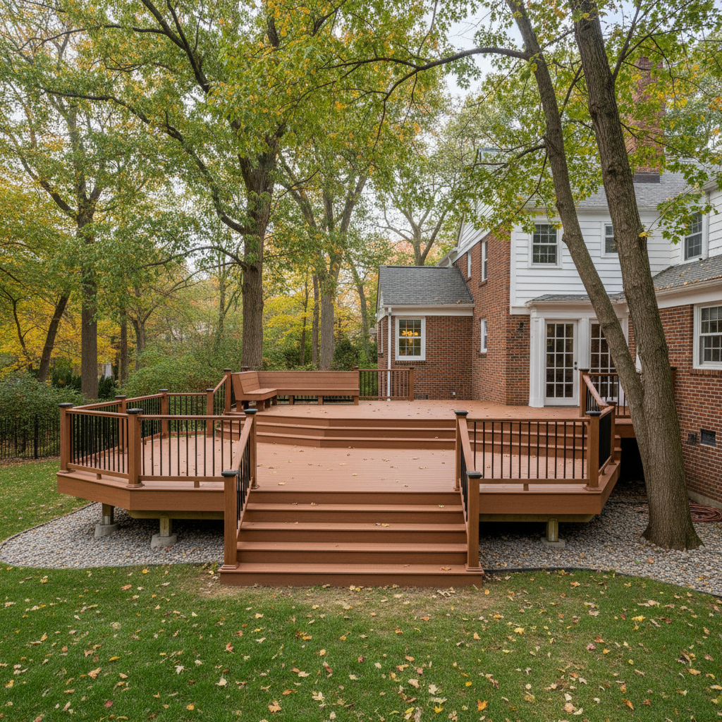 Completed trex decks work at a residential property in Brookline, MA