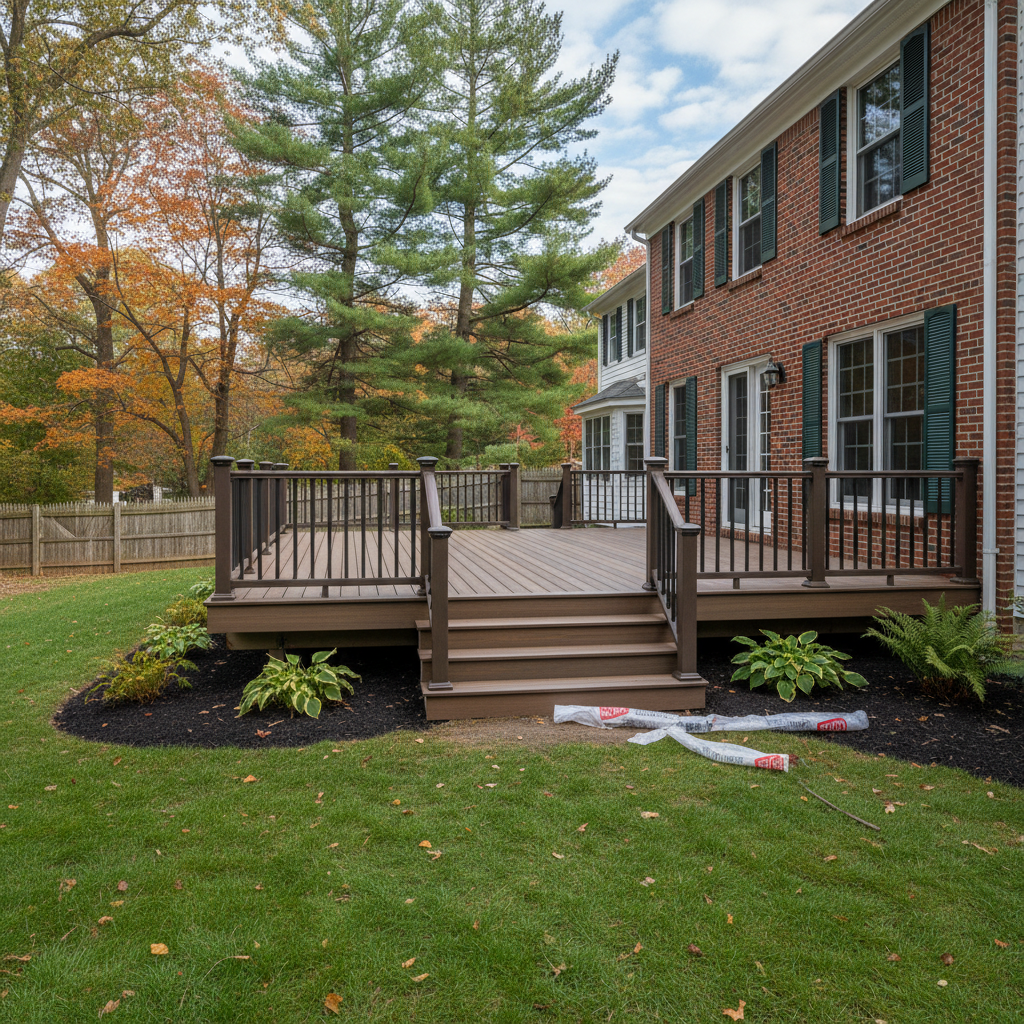 Completed trex decks work at a residential property in Brookline, MA