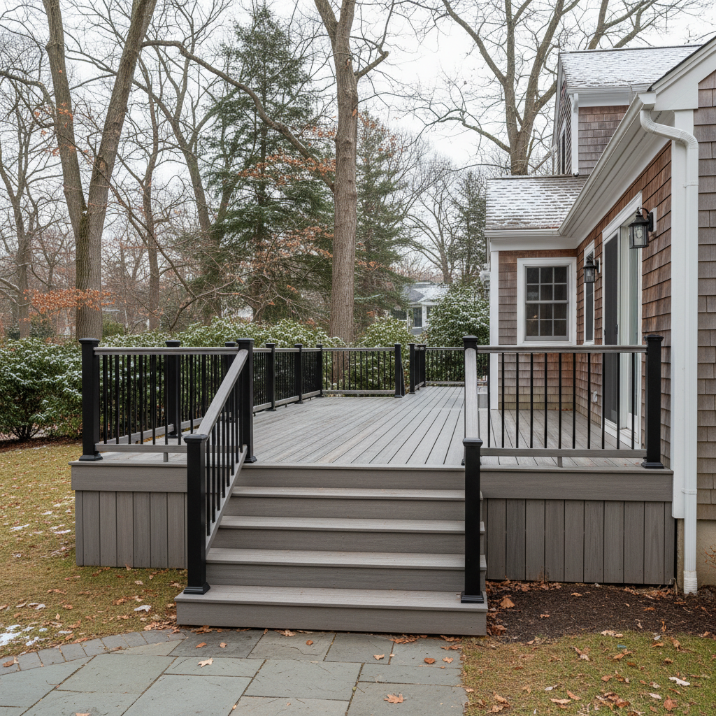 Completed trex decks work at a residential property in Brookline, MA
