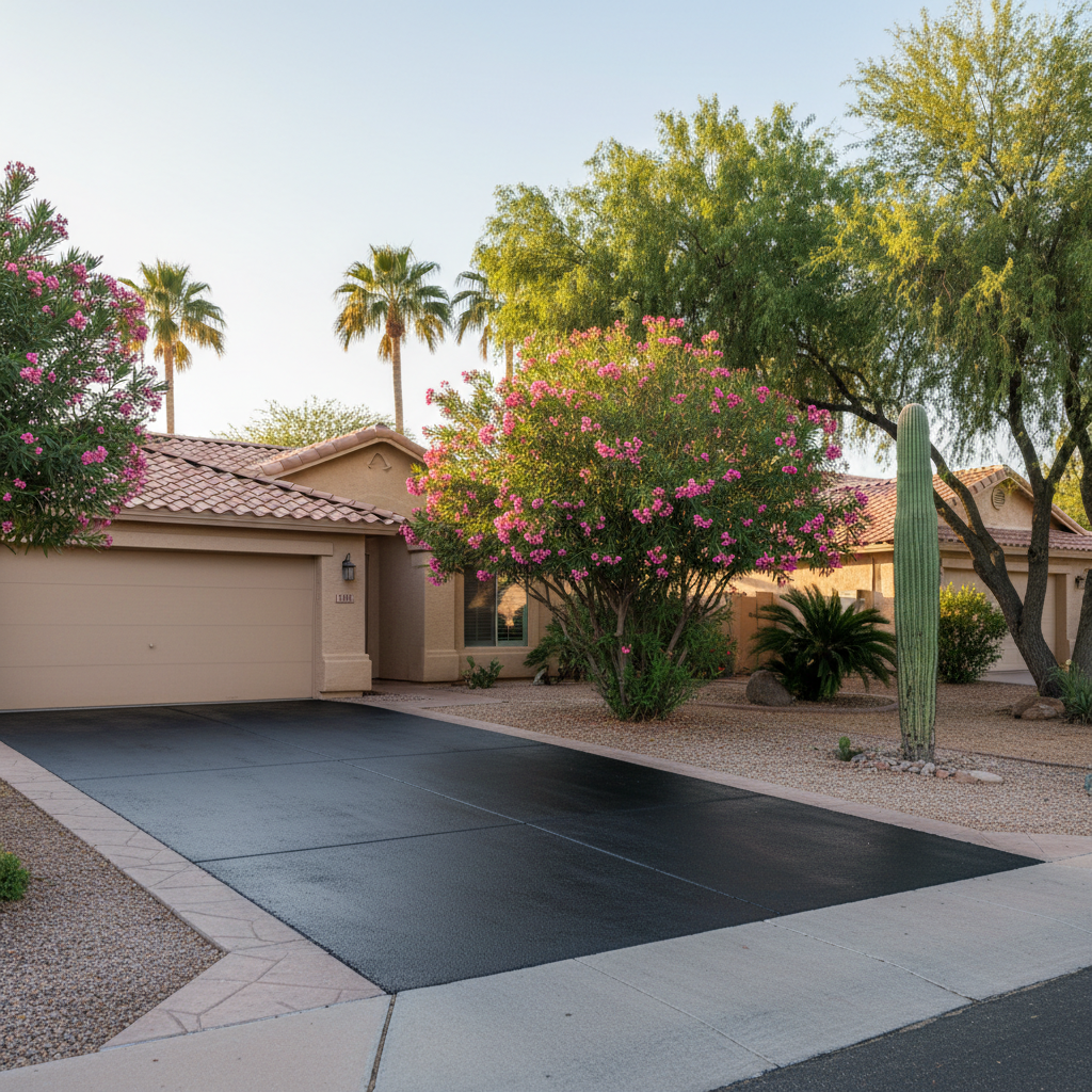 Completed asphalt sealcoating work at a residential property in Phoenix, AZ