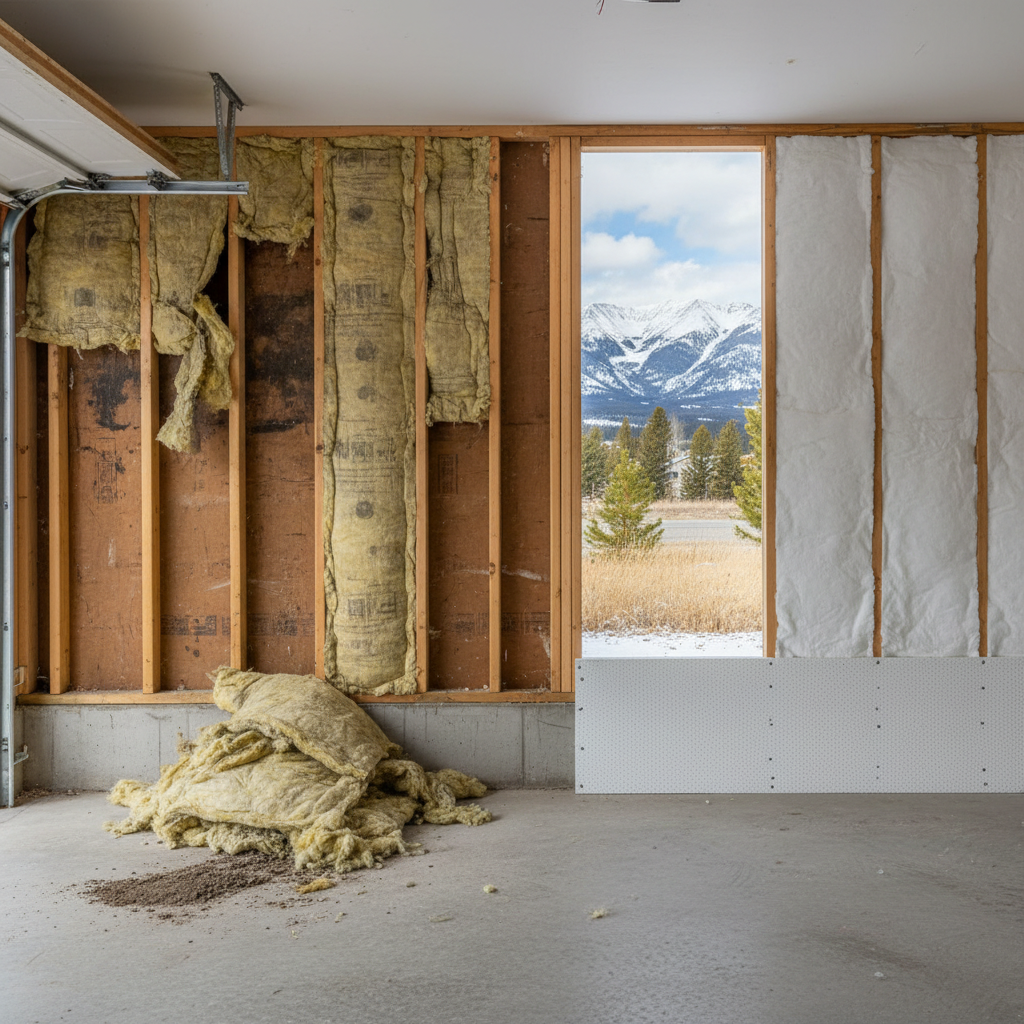 Completed garage insulation work at a residential property in Big Sky, MT