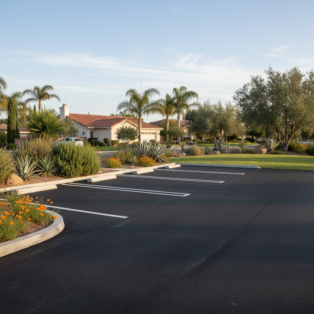 Completed parking lot paving work at a residential property in Placentia, CA