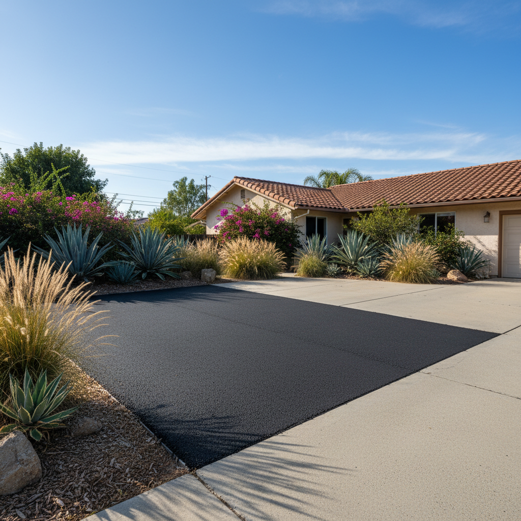 Completed asphalt repair work at a residential property in San Marcos, CA