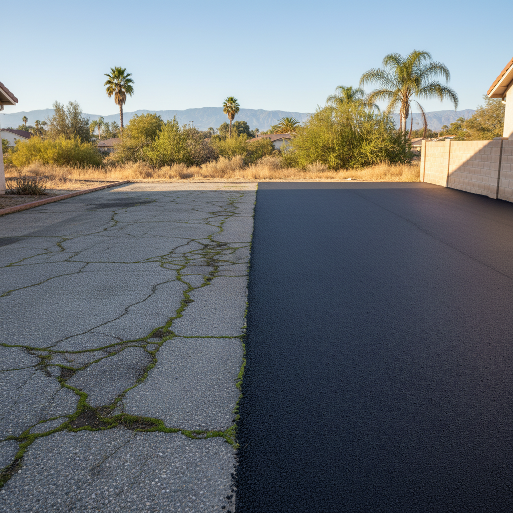Completed asphalt paving work at a residential property in Menifee, CA