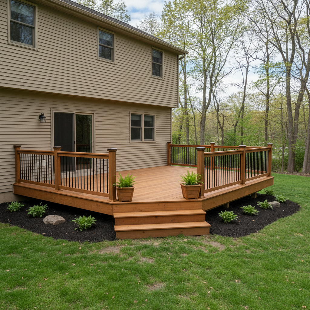 Completed deck construction work at a residential property in North Attleborough, MA