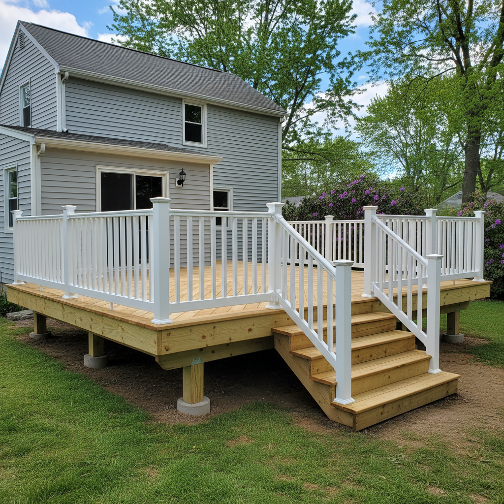 Completed deck construction work at a residential property in Woonsocket, RI
