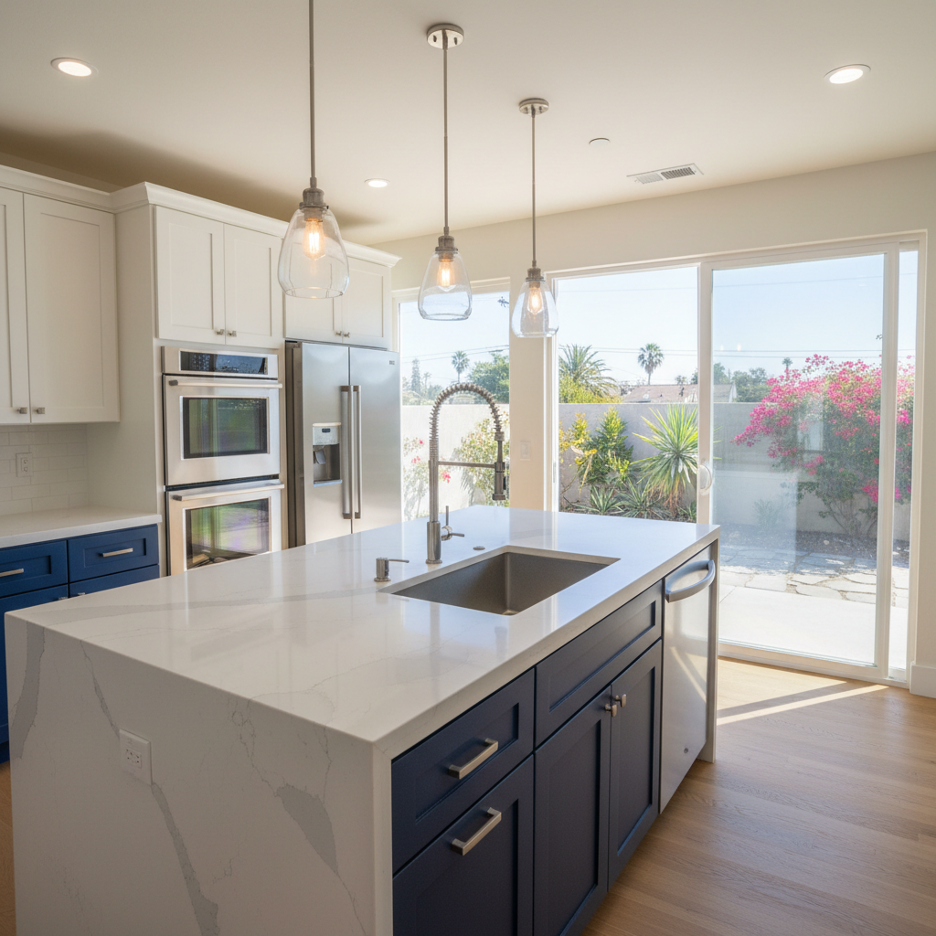 Completed kitchen island installation work at a residential property in Long Beach, CA