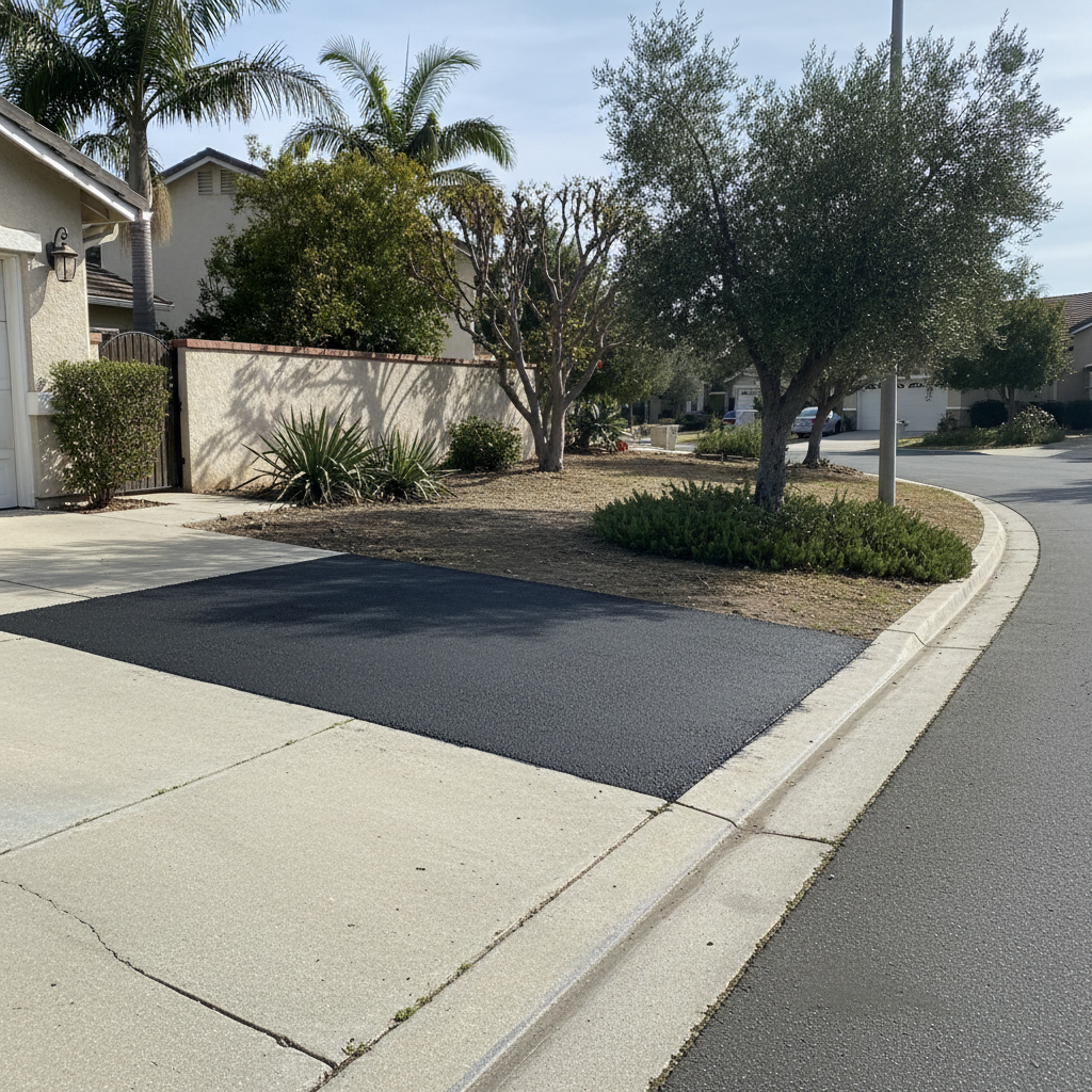 Completed asphalt patching work at a residential property in Brea, CA