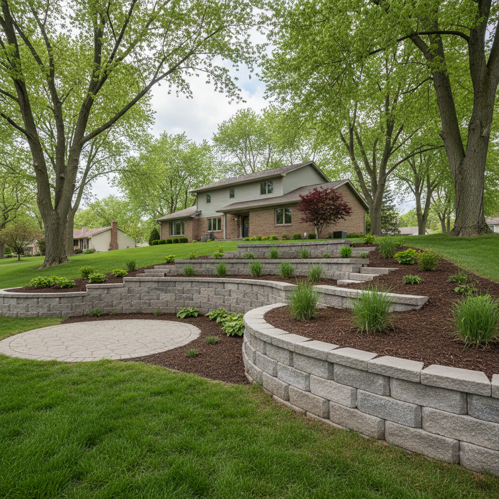 Completed concrete retaining walls work at a residential property in Naperville, IL
