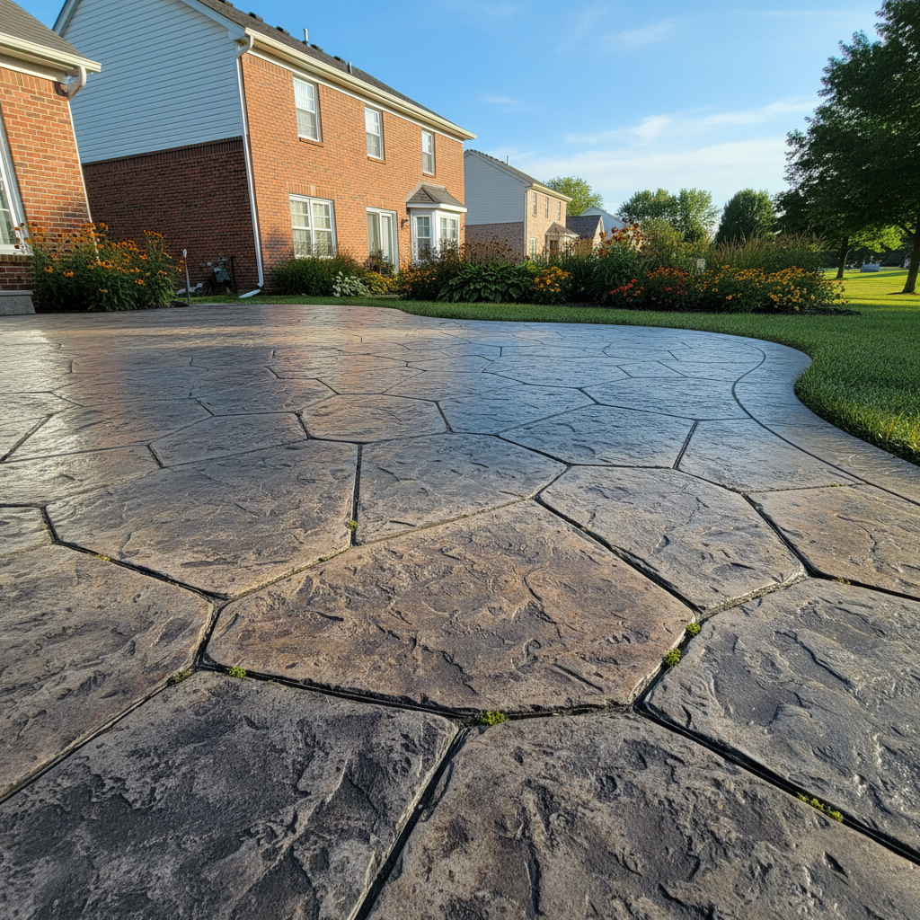 Completed stamped concrete work at a residential property in Naperville, IL
