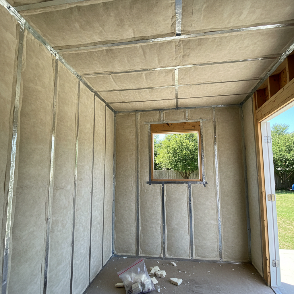 Completed shed insulation work at a residential property in Austin, TX