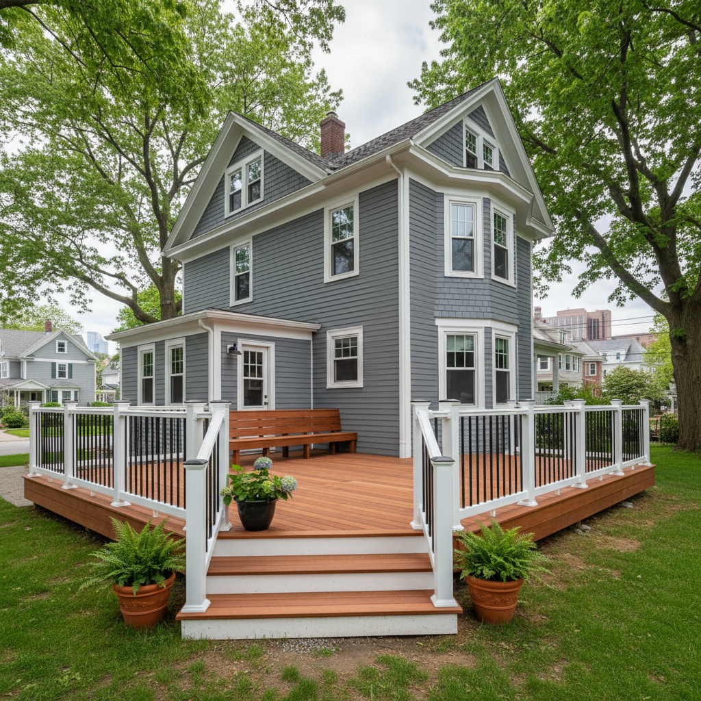 Completed wooden decks work at a residential property in Cambridge, MA
