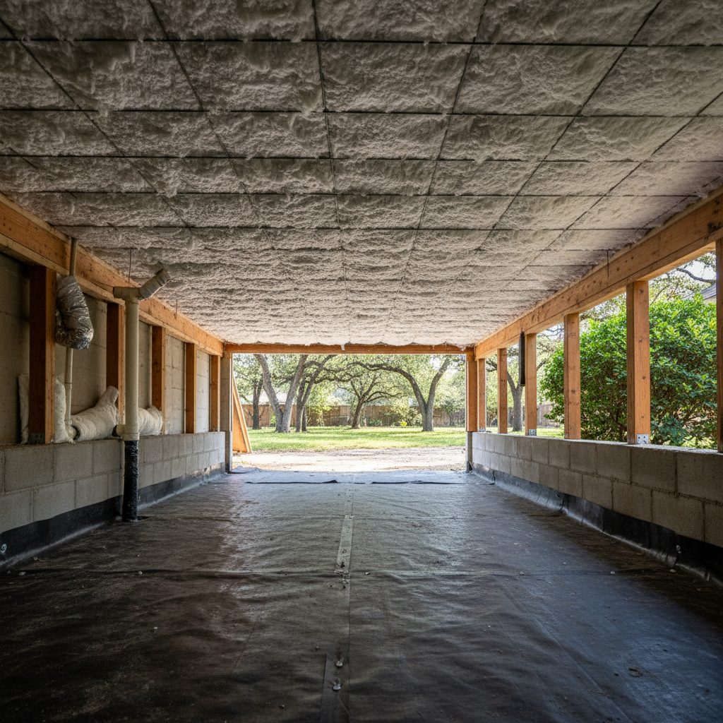 Completed crawl space insulation work at a residential property in San Marcos, TX
