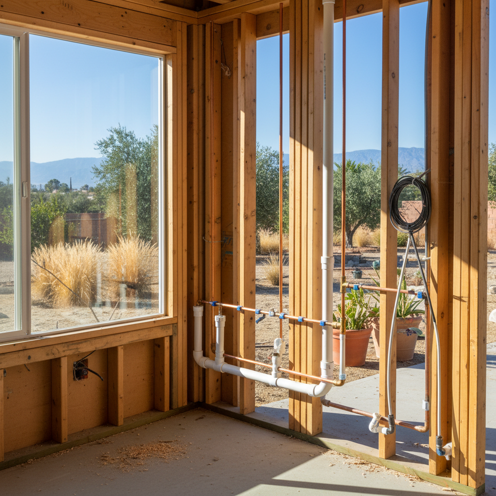 Completed plumbing rough-in work at a residential property in Fontana, CA