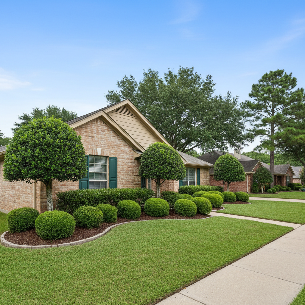 Completed shrub & bush trimming work at a residential property in Huffman, TX
