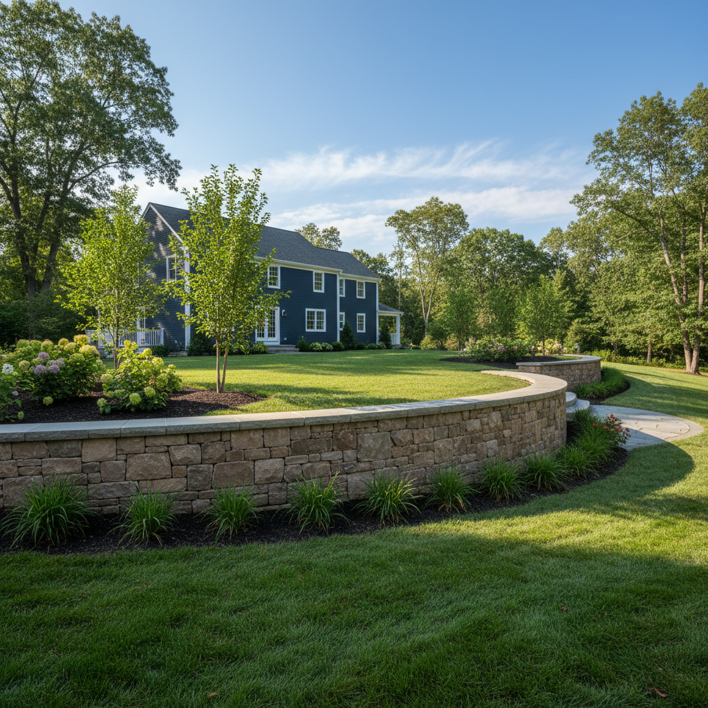 Completed retaining wall construction work at a residential property in Lexington, MA