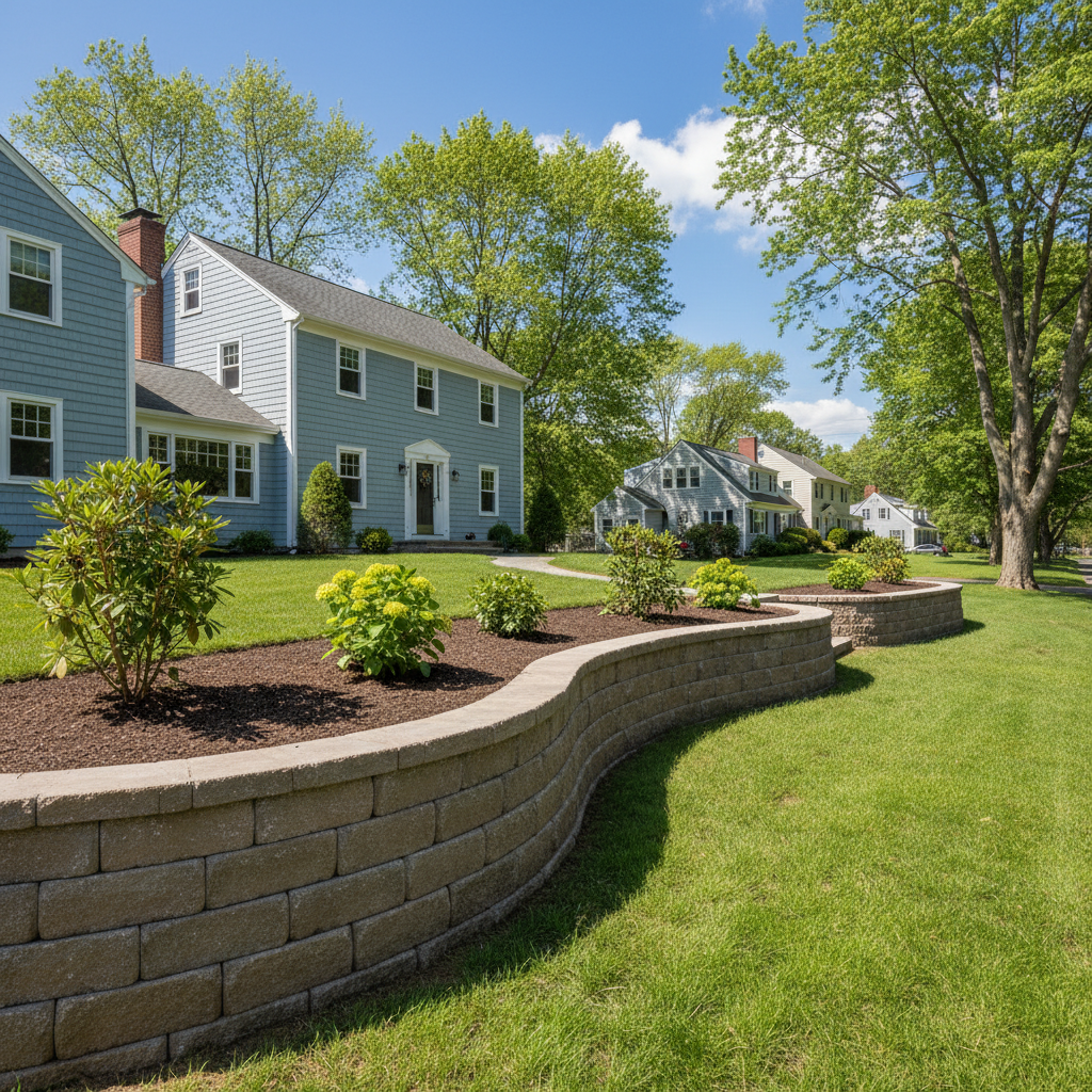 Completed block wall construction work at a residential property in Lexington, MA